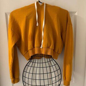 Y2K 90s Mustard Yellow Cropped Hoodie Casual Pullover Lightweight Terry Sz S EUC